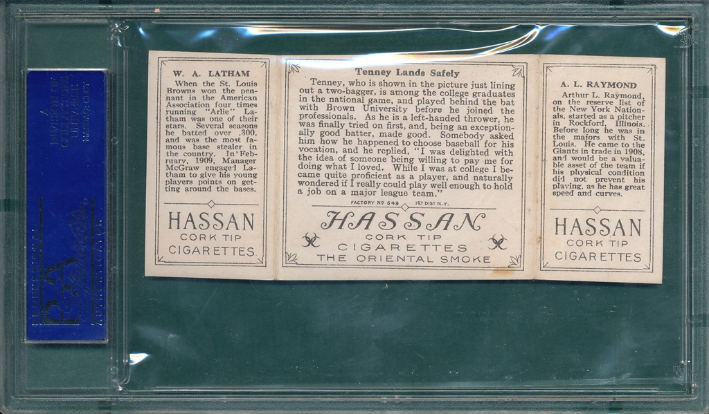 1912 T202 Tenney Lands Safely, Raymond/Latham, Hassan Cigarettes PSA 8