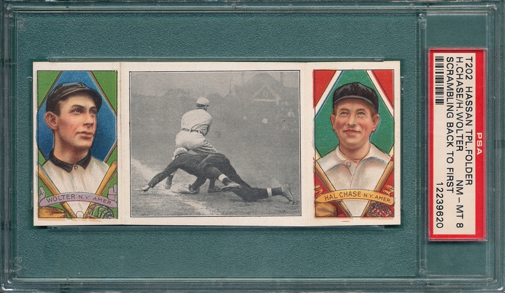 1912 T202 Scrambling Back To First, Wolter/Chase, Hassan Cigarettes PSA 8