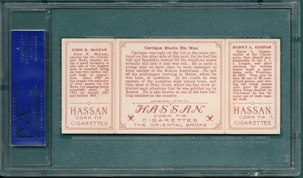1912 T202 Carrigan Blocks His Man, Gasper/McLean, Hassan Cigarettes PSA 7