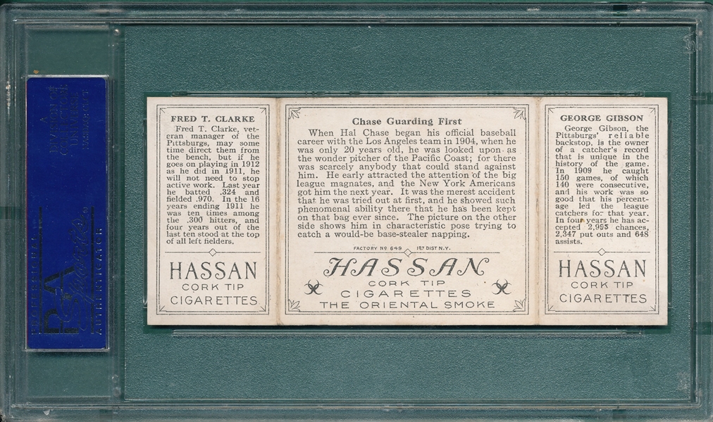 1912 T202 Chase Guarding First, Gibson/Clarke, Hassan Cigarettes PSA 7