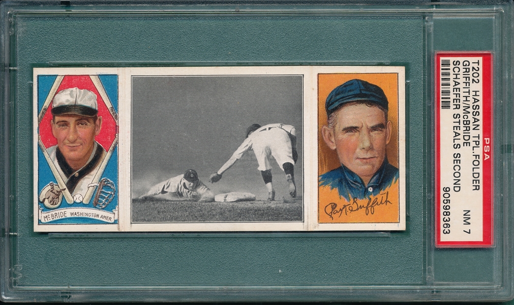 1912 T202 Schaefer Steals Second, McBride/Griffith, Hassan Cigarettes PSA 7