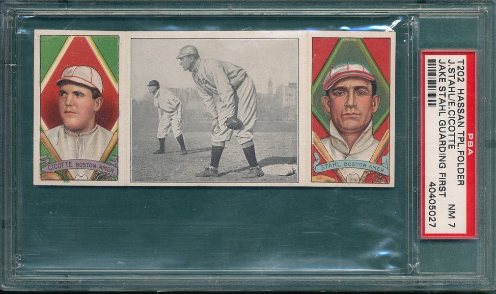 1912 T202 Jake Stahl Guarding First, Cicotte/Stahl, Hassan Cigarettes PSA 7