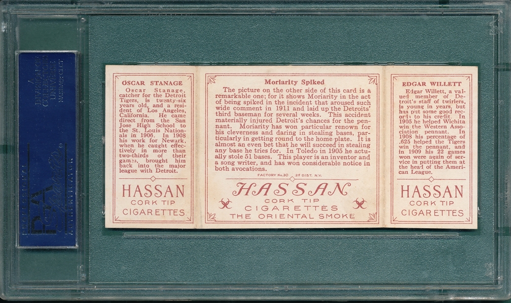 1912 T202 Moriarity Spiked, Willett/Stanage, Hassan Cigarettes PSA 7