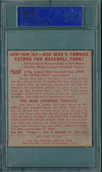 1953 Red Man #18 AL Johnny Mize W/ Tab, PSA 8 (ST)