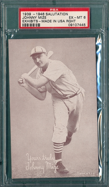 1939-48 Exhibits Salutation Johnny Mize, Made in USA Right, PSA 6