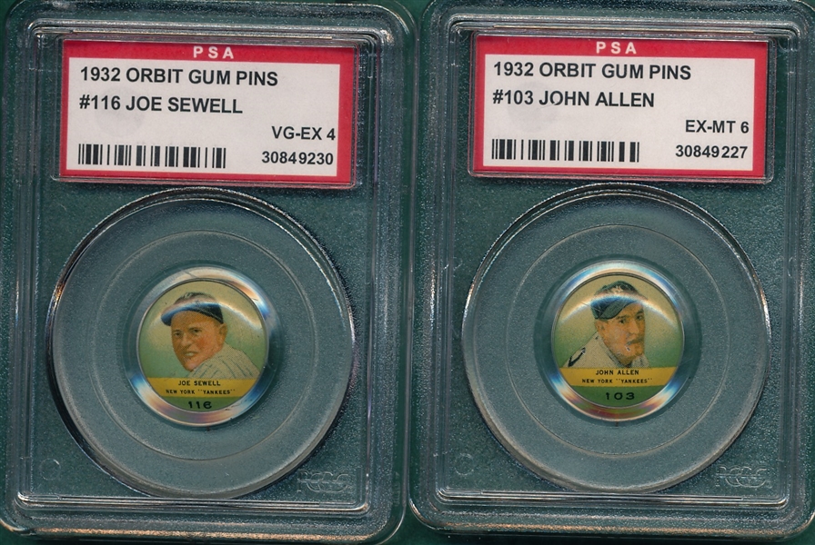 1932 Orbit Gum Pins #103 Allen & #116 Joe Sewell, Lot of (2) PSA 
