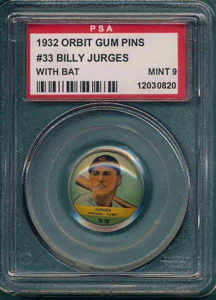 1932 Orbit Gum Pins #33 Billy Jurges W/ Bat, PSA 9 *MINT*