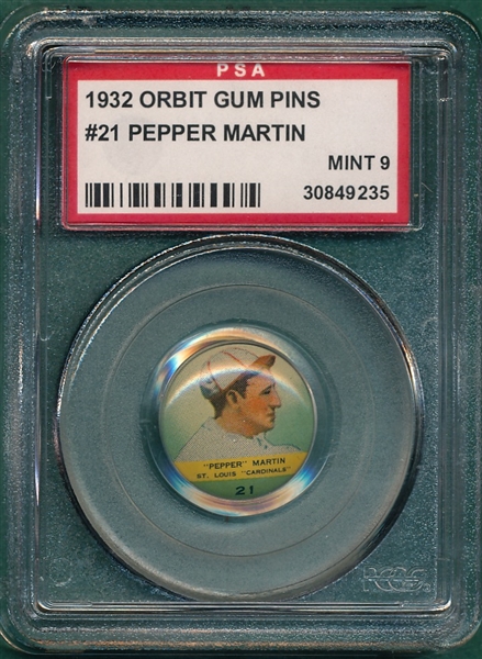 1932 Orbit Gum Pins #21 Pepper Martin PSA 9 *MINT*