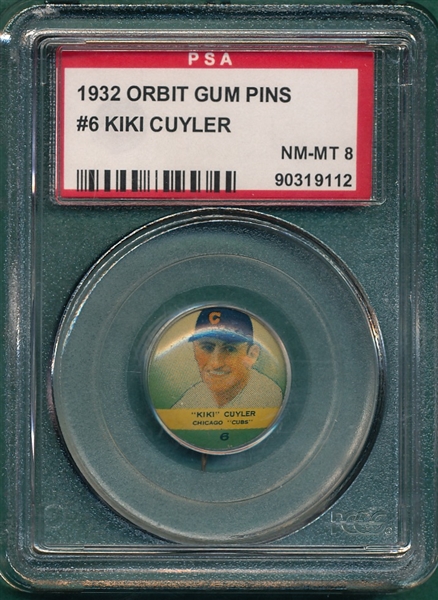 1932 Orbit Gum Pins #6 Kiki Cuyler PSA 8