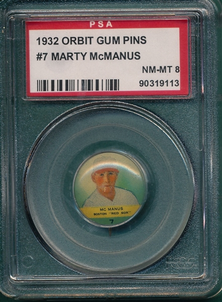1932 Orbit Gum Pins #7 Marty McManus PSA 8