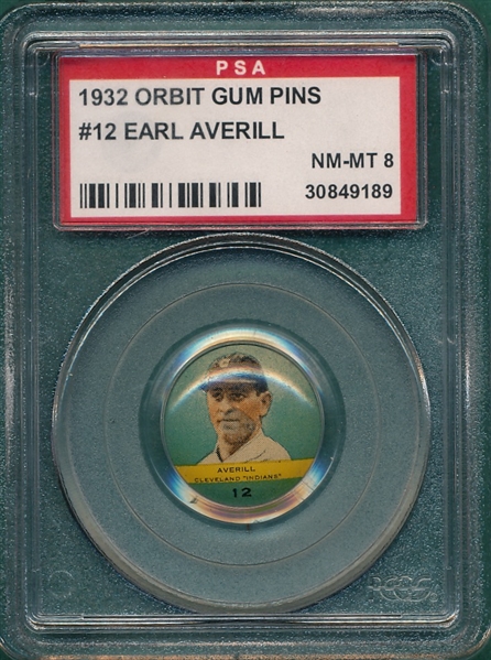 1932 Orbit Gum Pins #12 Earl Averill PSA 8