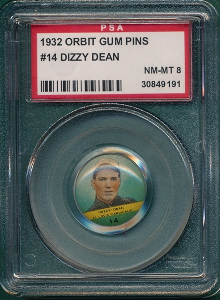 1932 Orbit Gum Pins #14 Dizzy Dean PSA 8