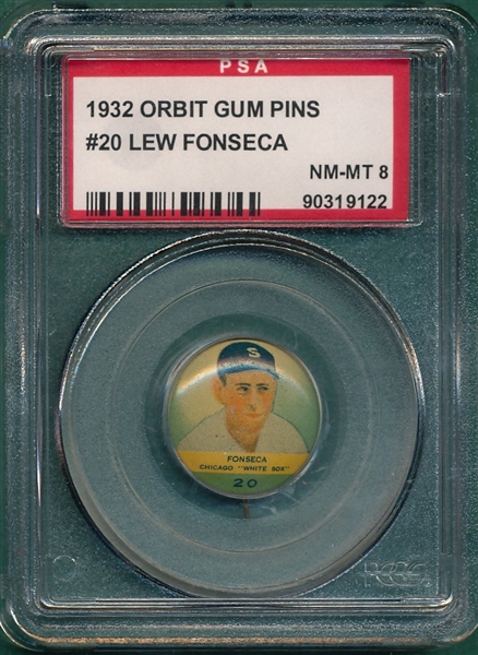 1932 Orbit Gum Pins #20 Lew Fonseca PSA 8