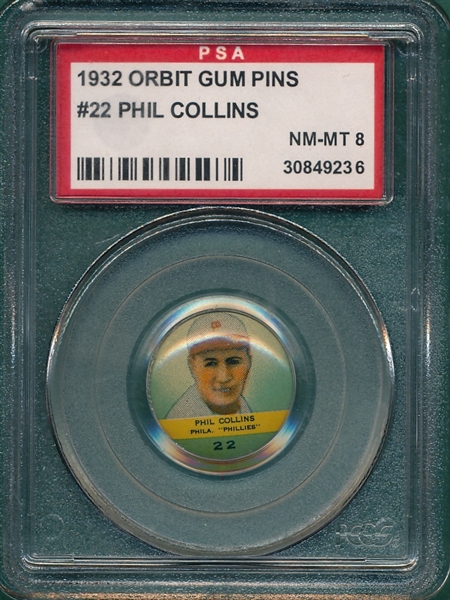 1932 Orbit Gum Pins #22 Phil Collins PSA 8