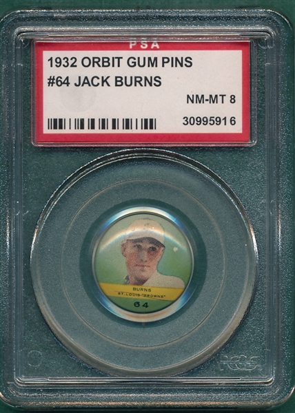 1932 Orbit Gum Pins #64 Jack Burns PSA 8