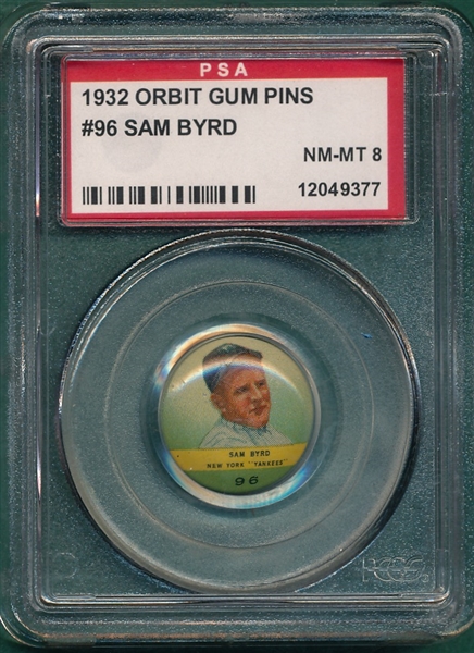 1932 Orbit Gum Pins #96 Sam Byrd PSA 8