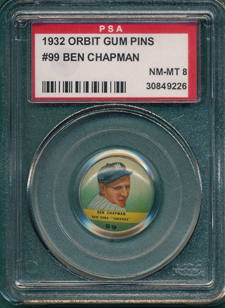 1932 Orbit Gum Pins #99 Ben Chapman PSA 8