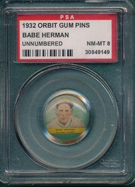 1932 Orbit Gum Pins Babe Herman PSA 8 *Unnumbered*