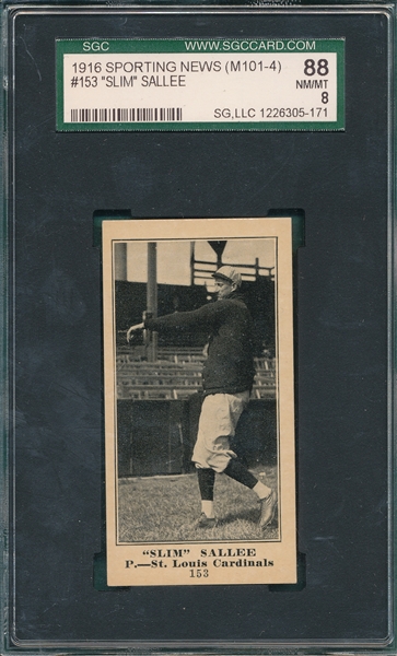 1916 M101-4 #153 Slim Sallee Sporting News SGC 88 *Blank Back* *None Higher*