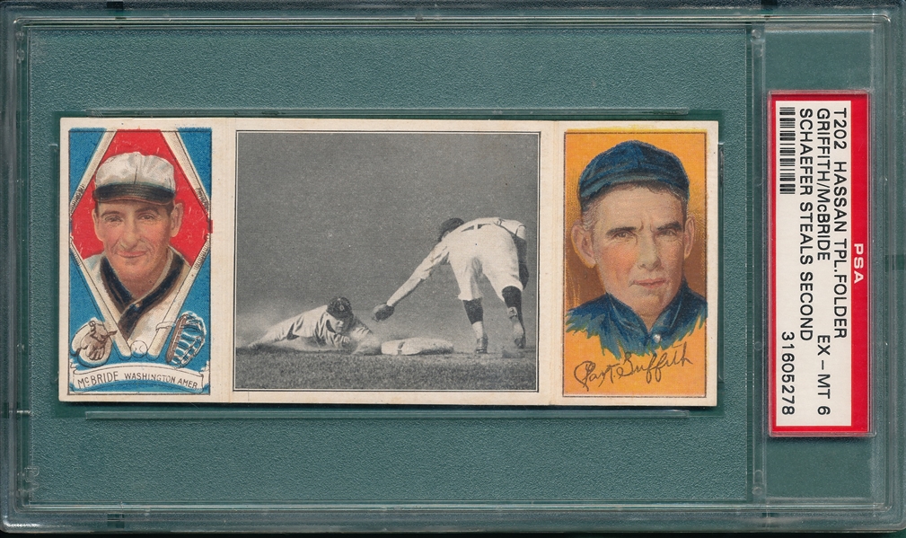 1912 T202 Schaefer Steals Second, McBride/Griffith, Hassan Cigarettes, PSA 6