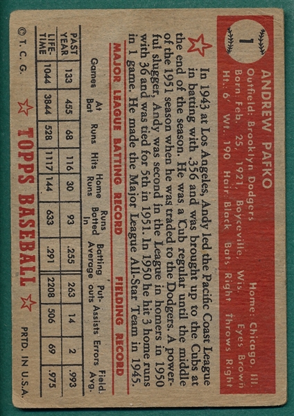 1952 Topps #1 Andy Pafko*Red Back*