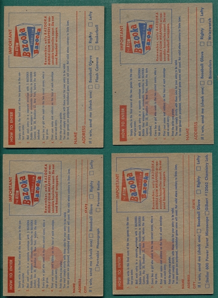 1957 Topps Lot of (4) Complete Set of Contest Cards