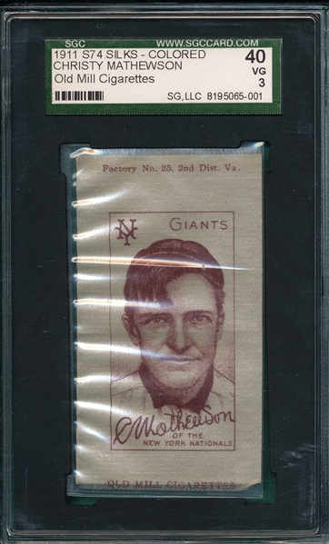 1911 S74 Silks Christy Mathewson Old Mill Cigarettes SGC 40 *Colored*