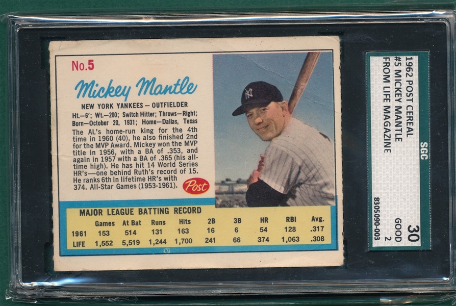1962 Post Cereal #5 Mickey Mantle SGC 30 *Life Magazine* *Perforated*