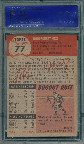 1953 Topps #77 Johnny Mize PSA 8