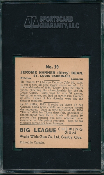 1936 World Wide Gum #19 Dizzy Dean SGC 55