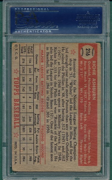 1952 Topps #216 Richie Ashburn, Signed, PSA/DNA Certified 