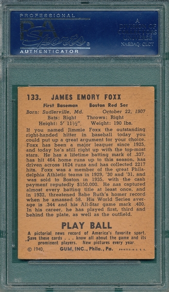 1940 Play Ball #133 Jimmie Foxx PSA 4.5