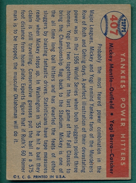 1957 Topps #407 Yankees Power Hitters W/ Berra & Mantle