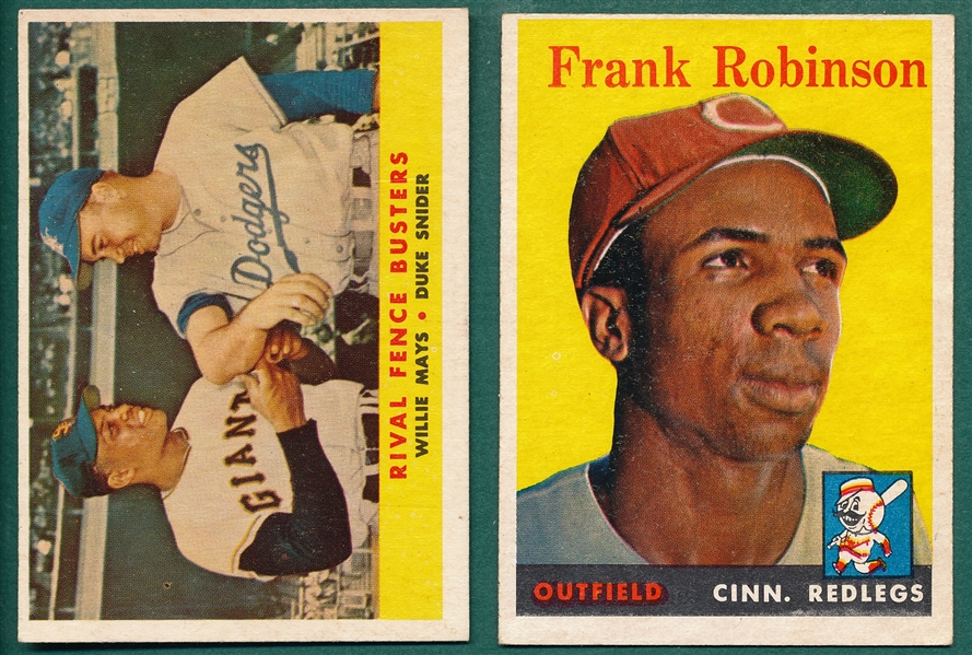 1958 Topps #285 Frank Robinson & #436 Rival Fence Busters W/ Snider & Mays, Lot of (2)