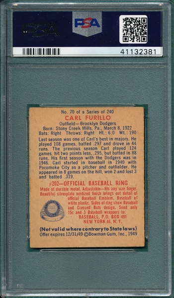 1949 Bowman #70 Carl Furillo PSA 5 *Rookie*