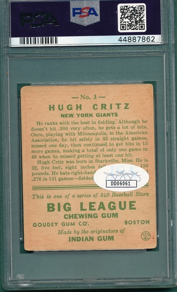 1933 Goudey #3 Hugh Critz, Signed, PSA/DNA Authentic 