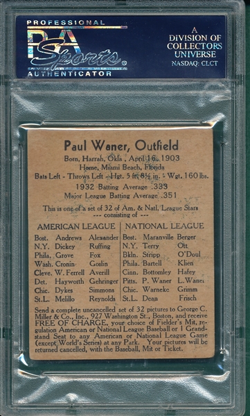 1933 George C. Miller Paul Waner PSA 2