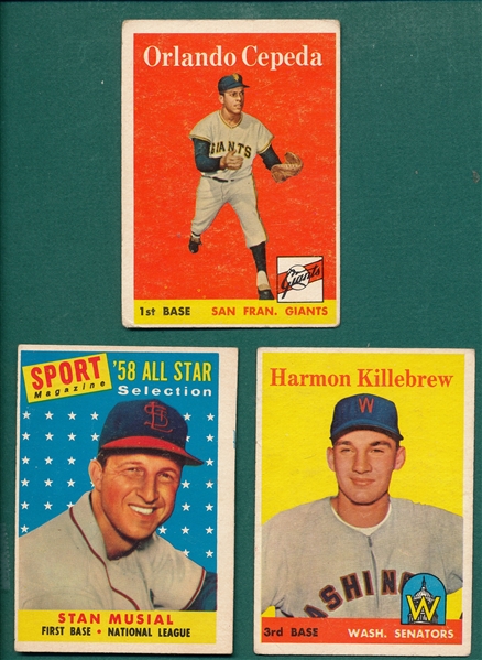 1958 Topps #288 Killebrew, #343 Cepeda, Rookie, & #476 Musial, AS, Lot of (3)