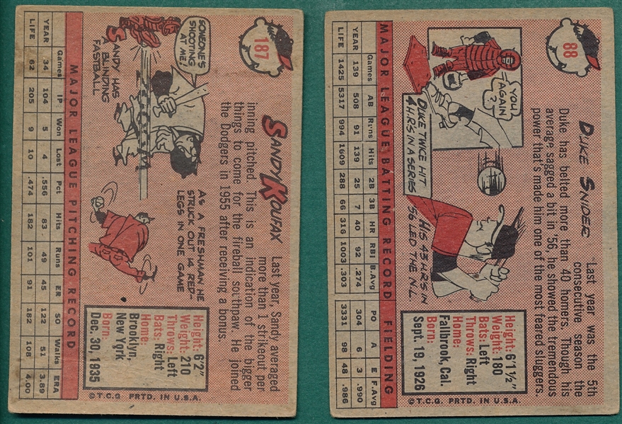 1958 Topps #88 Snider & #187 Koufax, Lot of (2)