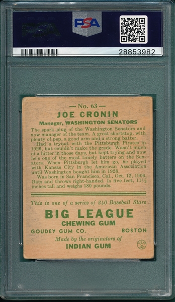 1933 Goudey #63 Joe Cronin PSA 2