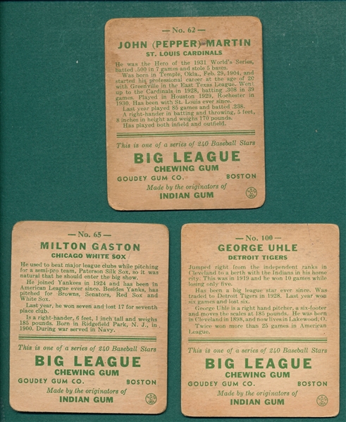 1933 Goudey #65 Gaston, #10 Uhle & #62 Martin, Lot of (3)