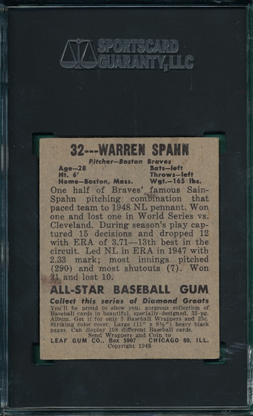 1948-49 Leaf #32 Warren Spahn SGC 3 *Rookie*