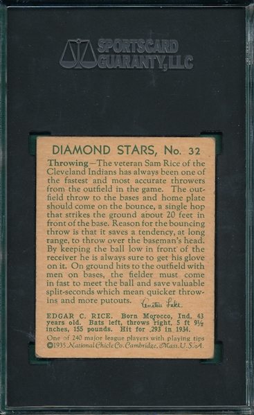 1934-36 Diamond Stars #32 Sam Rice SGC 3