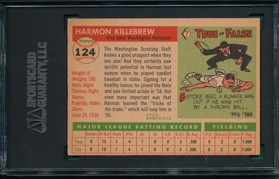 1955 Topps #124 Harmon Killebrew SGC 3 *Rookie*