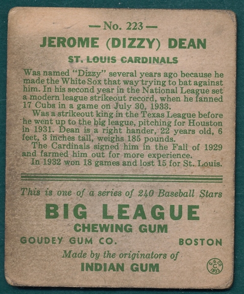 1933 Goudey #223 Dizzy Dean
