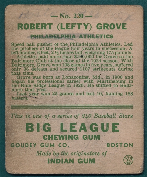 1933 Goudey #220 Lefty Grove