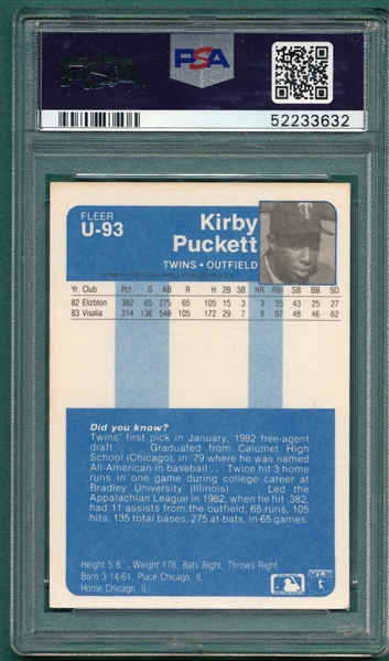 1984 Fleer Update #U-93 Kirby Puckett PSA 5.5 *Rookie*