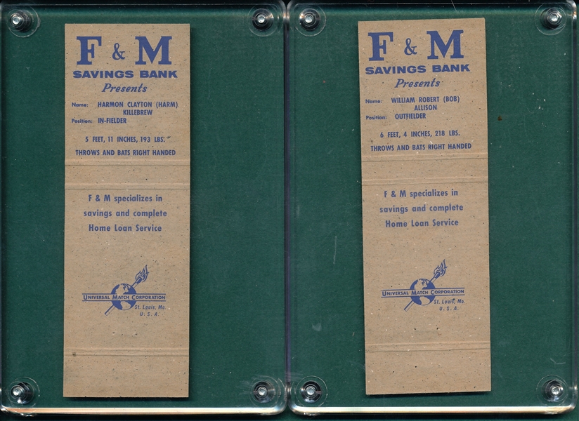 1961 Minnesota Twins F & M Matchbooks Complete Set (10) W/ Killebrew