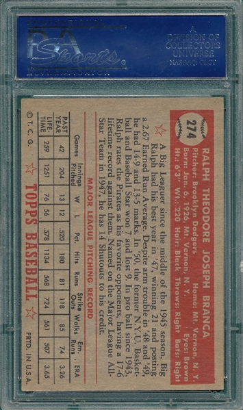 1952 Topps #274 Ralph Branca PSA 6