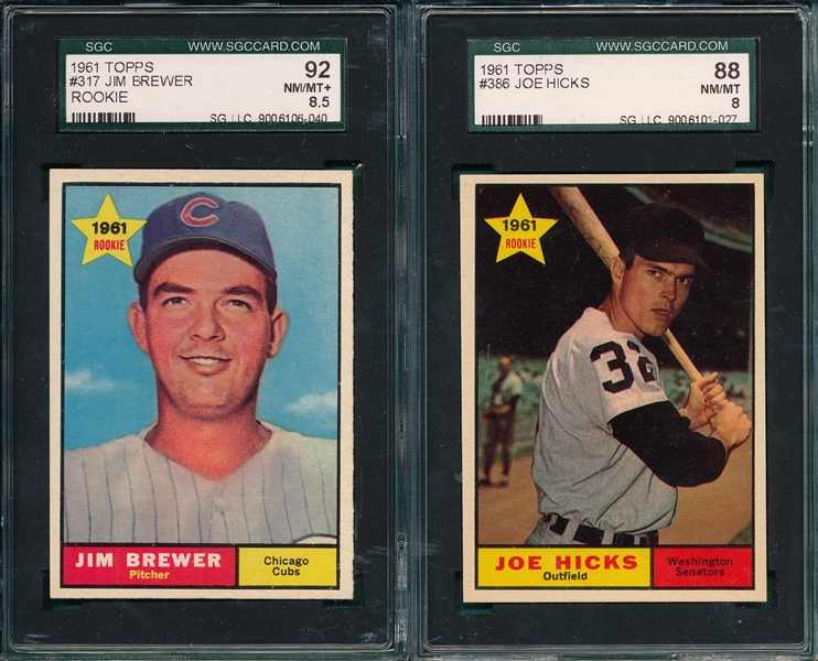 1961 Topps #386 Hicks SGC 88 & #317 Brewer SGC 92, Lot of (2)